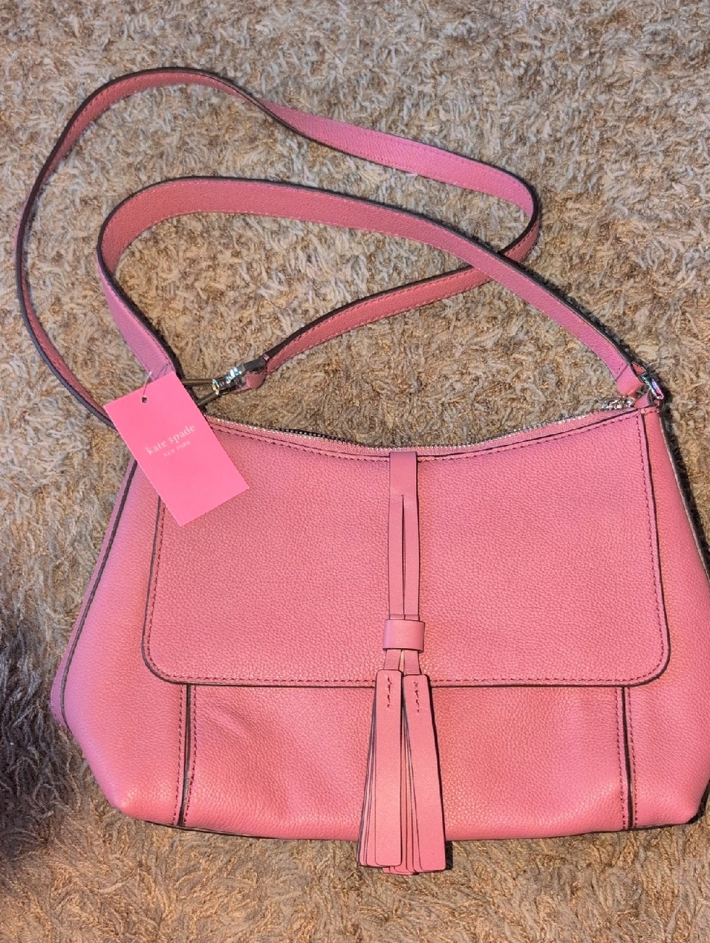 kate spade Pink Pebbled Leather Shoulder Bag with Tassel